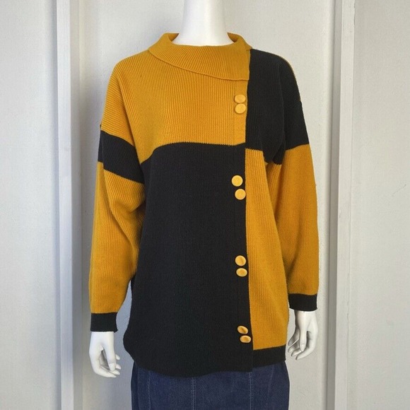 Vintage Sweater Yellow Black Color Block Size Medium - Picture 2 of 11